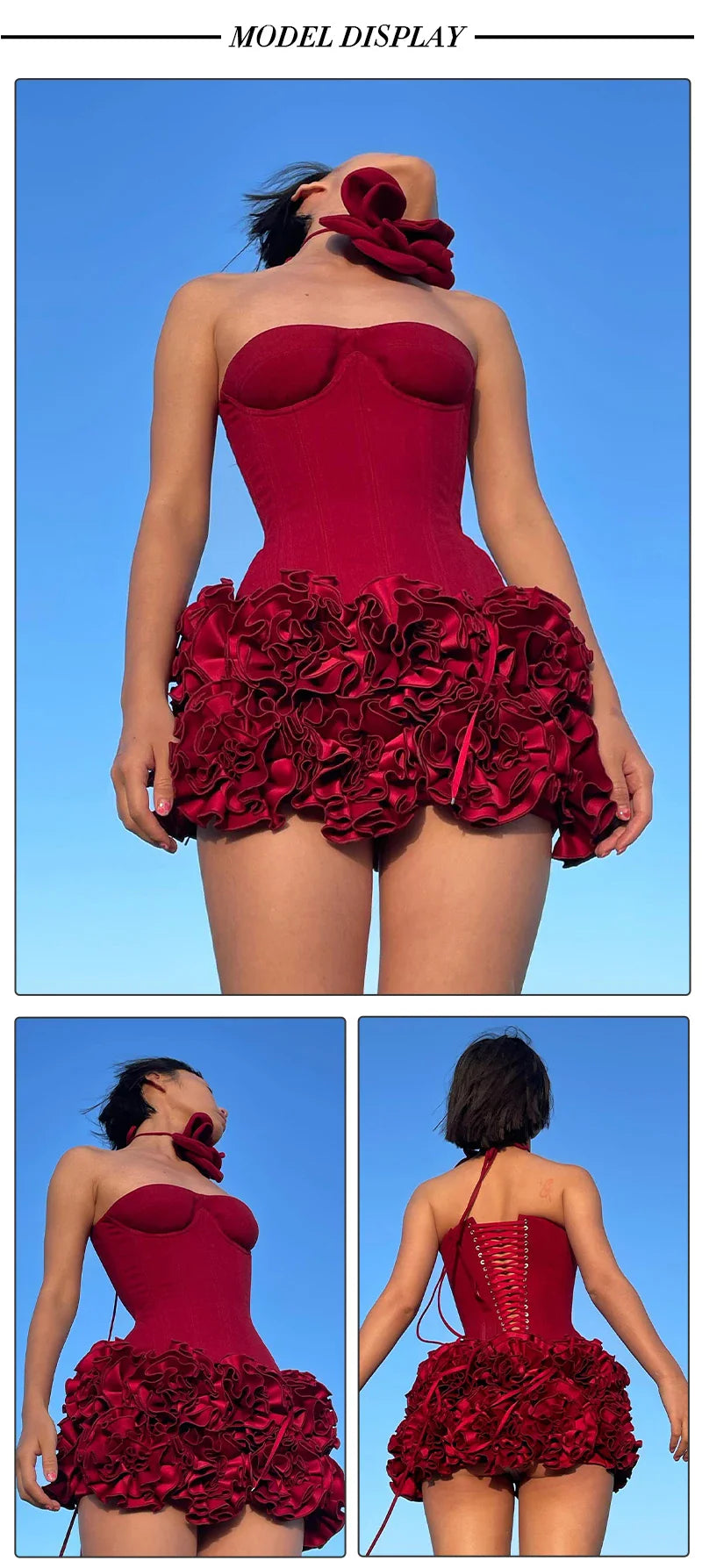 Christmas Dress Strapless Backless Red Structured Floral Embellished Mini Length Bodycon Celebrity Party Cocktail Dress