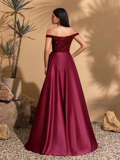 Off-the-shoulder sequined satin elegant dress with bow at waist