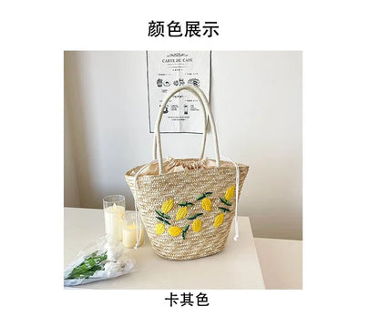 Embroidery Fruit Solid Color Shoulder Bag Straw Woven Hollow Versatile 2025 High Quality Bags for Women New Beach Handbags