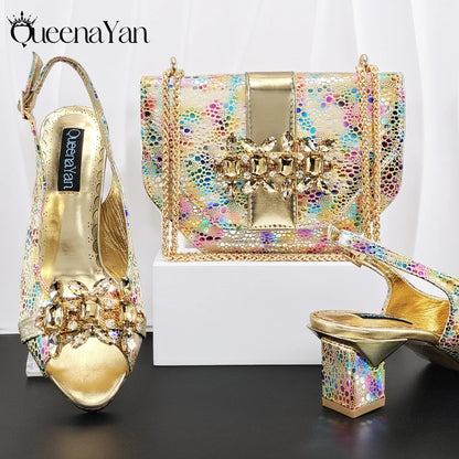 Nigerian Style Rhinestone Embellished Three-Dimensional Bag And Good Material Peep Toe Pumps Elegant Clutch Bag Women Shoes