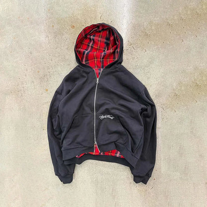 American Retro Reversible Plaid Zipper Hoodie Sweatshirt Mens Womens Casual Plaid Sweatshirt Solid Color Lining Y2K Street Style