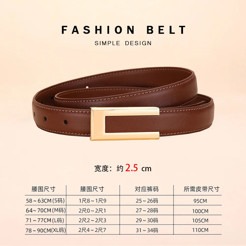 Genuine leather belt for women; cowhide fashion waist belt; versatile smooth buckle; 2025 dress decoration belt for