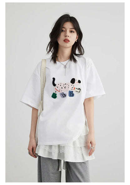 CHIC VEN Camisetas Femininas Soltas Streetwear Unissex Divertido Cão Bordado Manga Curta Algodão Blusas Menina Femininas Verão 2025