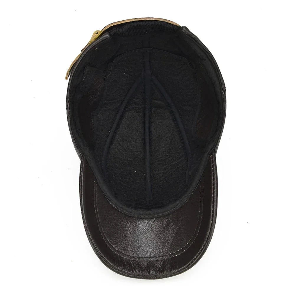 Casual Real Leather Earflap Cap Men's Real Cowhide Leather Caps Male Fall Winter Genuine Real Cow Leather Baseball Hats