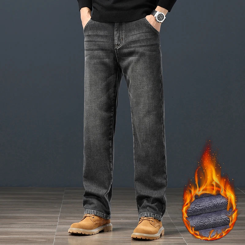 Winter Fleece Men Jeans Classic Loose Straight Warm Thicken Trousers Business Casual Velvet Elastic Denim Pants Plus Size 42 44