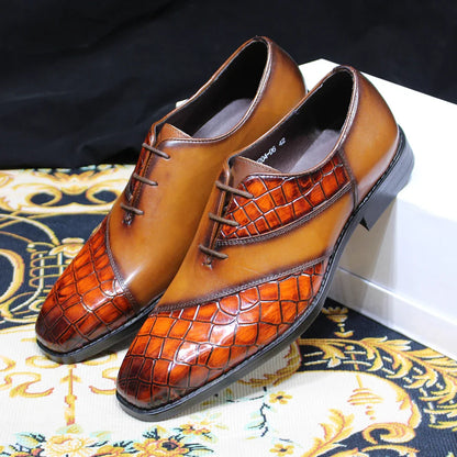 Luxury Men's Patent Leather Dress Shoes Alligator Pattern Oxford Brogue Lace-Up Formal Shoes for Office Wedding Party