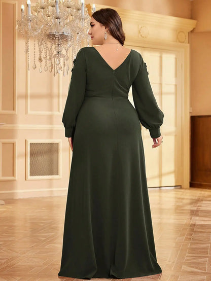 Plus Size Luxury V-Neck Red Long Sleeves Applique Formal Evening Dresses Women V-back Wedding Party Maxi Guest Gowns