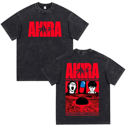 Japanese Anime Akira Washed Vintage T Shirt Science Fiction Cartoon Movie Shotaro Kaneda T-shirt Men Women Cotton Casual T-shirt