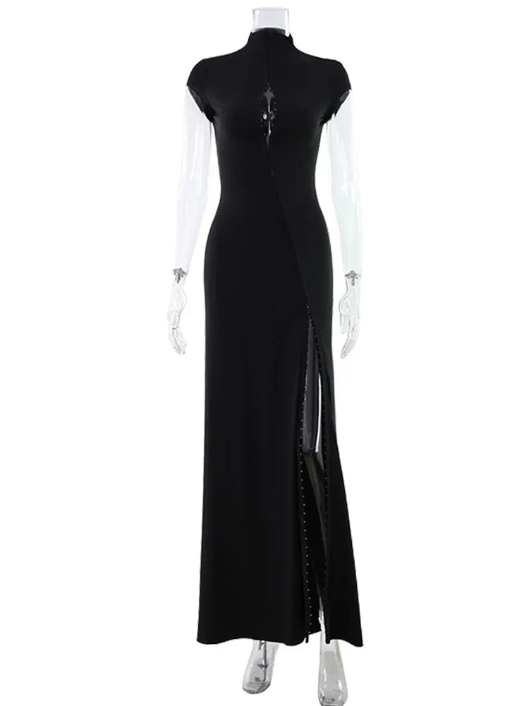 Short Sleeve O Neck Women Dresses Split Metal Buckle Solid Sheath Sexy Club Fashion Evening Party Outfits Female Bodycon