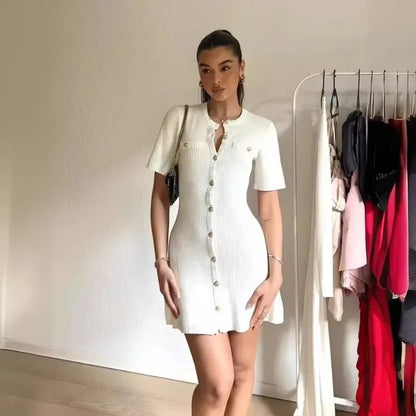 Elegant Knit Mini Dress Women Street Slim High Waist Short Sleeve Rib Sweater Dresses Vacation Bodycon Knitwear Dress
