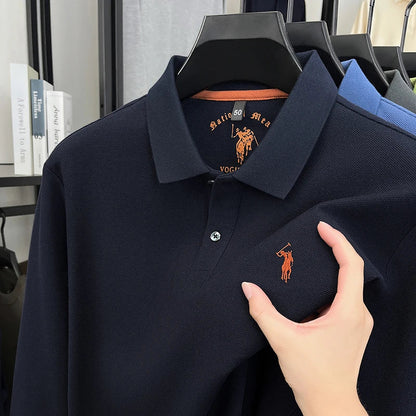 2025 New Cotton Long Sleeved T-shirt for Men, High End Embroidered Little Horse Logo Fashion Autumn/Winter Polo Top