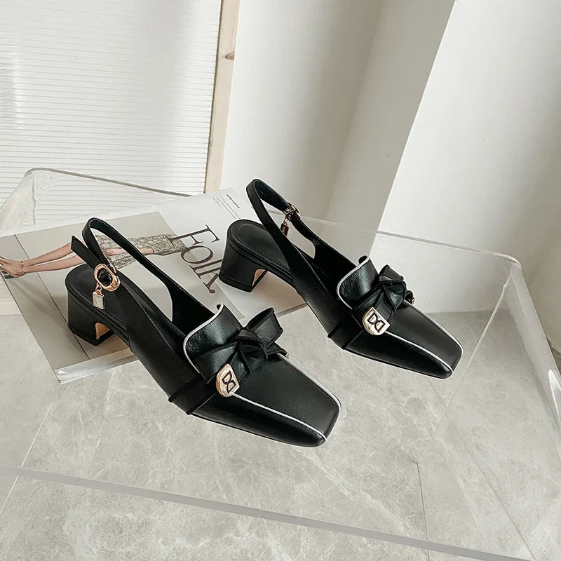 2025 French Style Genuine Leather Sandals Women Covered Toe Butterfly Knot Party Dating Sandals Office Ladies Pumps