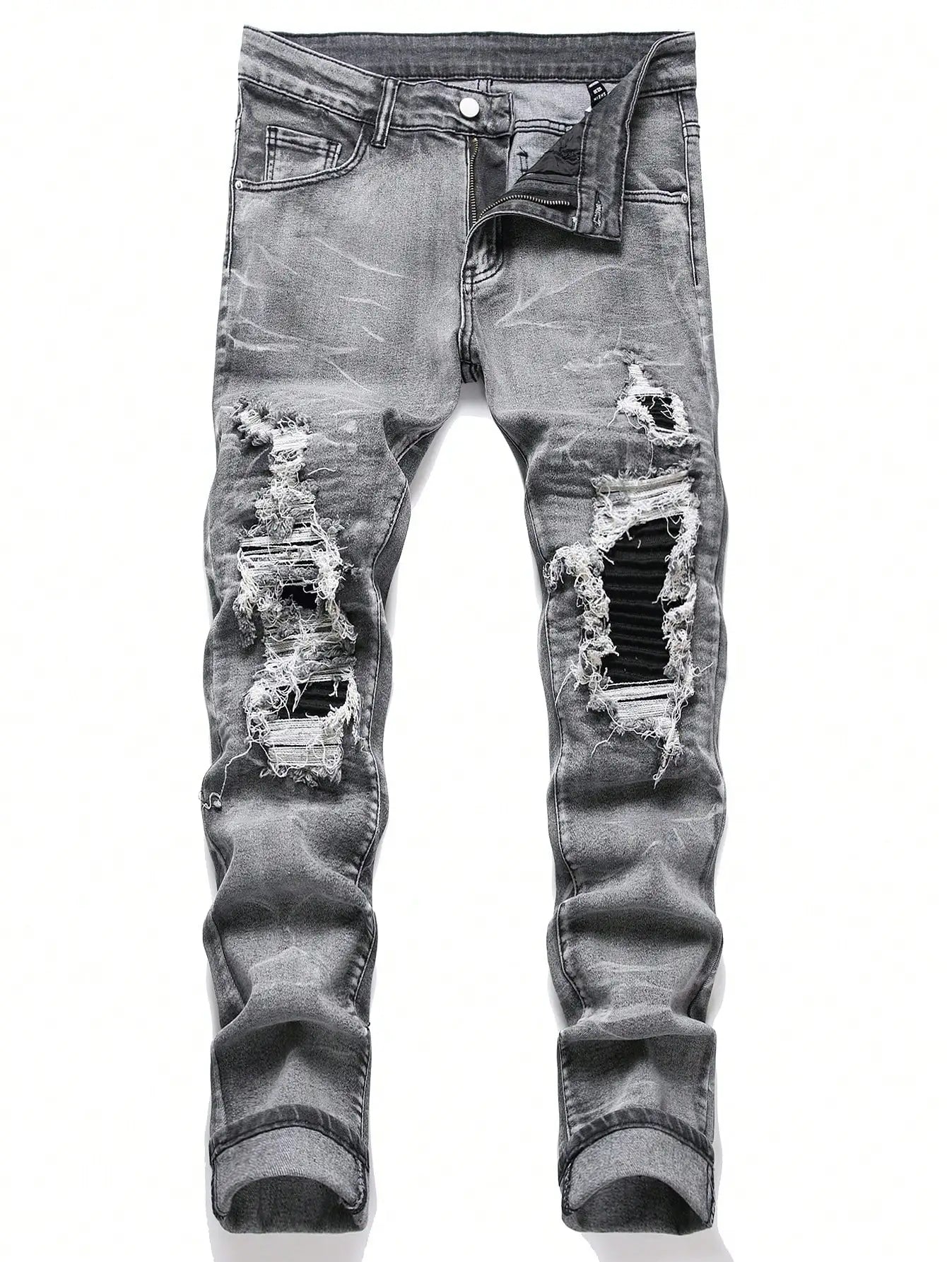 Calça Jeans Masculina Elástica Streetwear Rasgada Patchwork com Furos Calça Casual com Elástico na Cintura Jeans Destruído Slim Reta