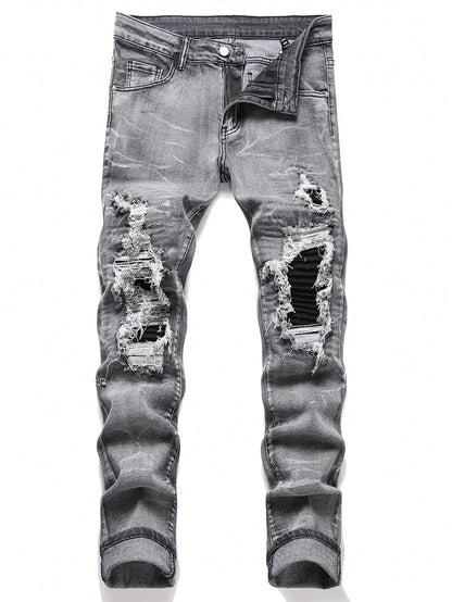 Calça Jeans Masculina Elástica Streetwear Rasgada Patchwork com Furos Calça Casual com Elástico na Cintura Jeans Destruído Slim Reta