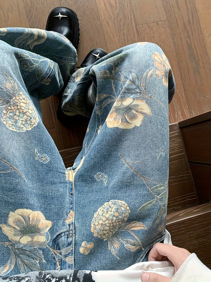 High-Quality Large-Flower Jeans, Summer Thin Style, 2025 New High-Waisted Slimming Straight-Leg Loose Wide-Leg Pants