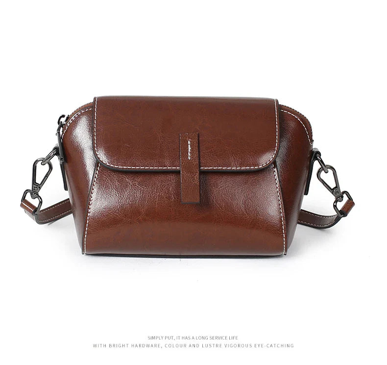 Oil Wax Cowhide Genuine Leather Crossbody Small Bag for Women Fashionable Versatile Shoulder Shell Handbag Lady Casual Phone Bag