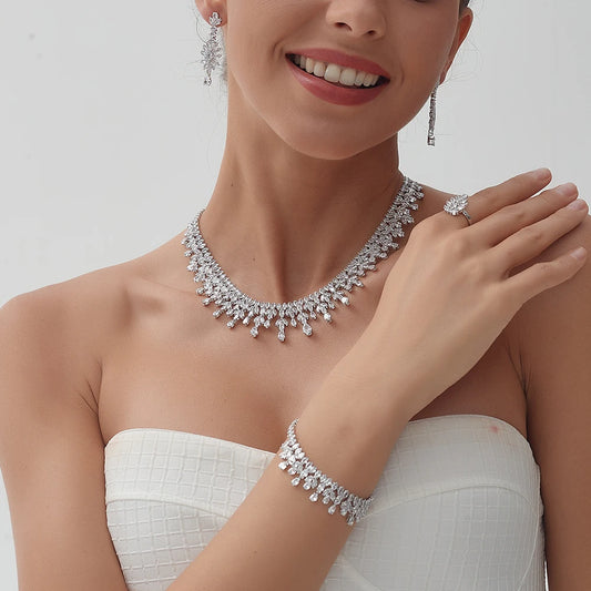 Dubai Jewelry Sets Leaf Design Bridal Necklace Earring Set 5A Cubic Zirconia Femme Ladies Wedding Accessories