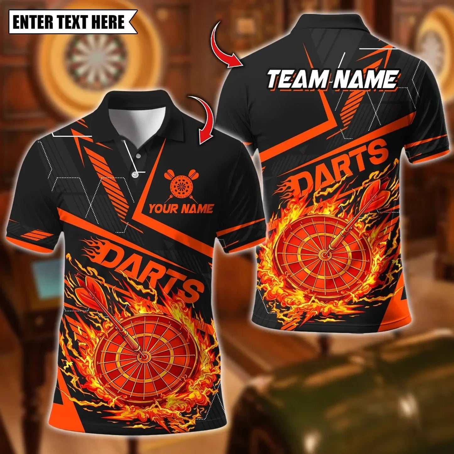 New Custom Name Dart Polo Shirt, Flaming Dartboard Design, Personalized Team Shirt for Men, Gift for Darts Players