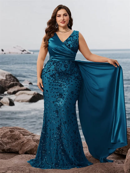 Plus Size Elegant V-neck Blue Splice Sequins Evening Dress Sleeveless Mermaid Formal Luxury Party Streamer Cocktail Gown