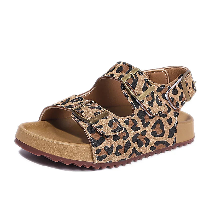 Summer Kids Toddler Girls Trendy Leopard Print Sandals Adjustable Buckle Strap Anti-Slip Soft Sole Daily Walking Outdoor Play