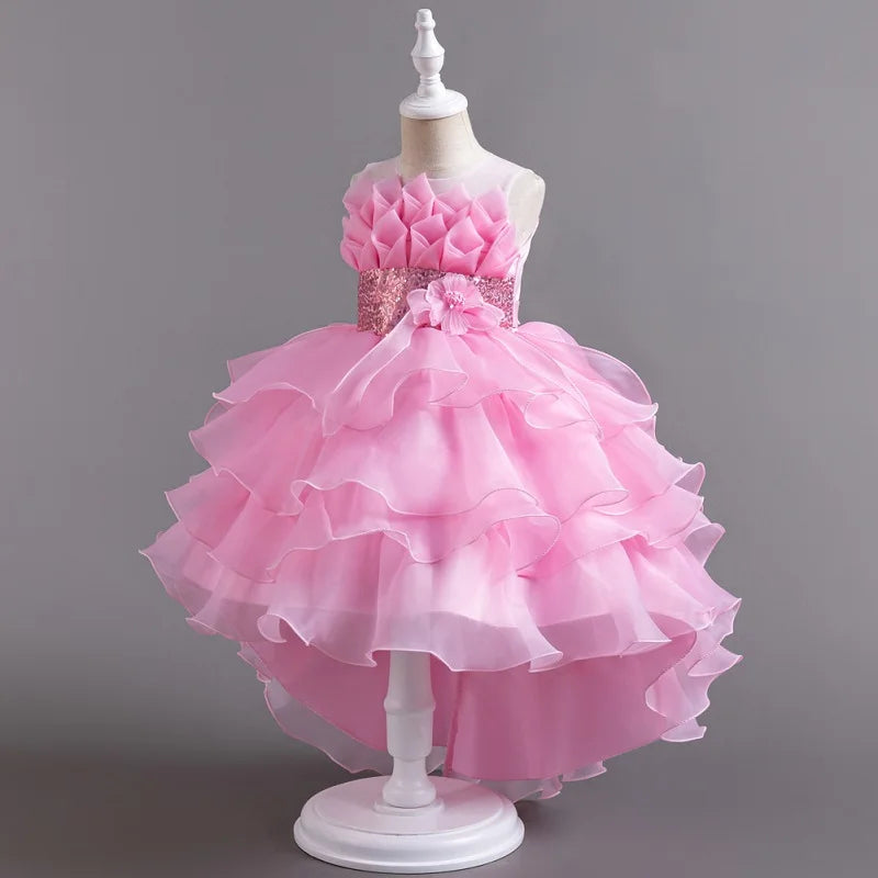 Summer Children's Wedding Flower Girl Tail Organza Elegant Evening Dress Bow Cute Birthday Party Girl Princess Dress