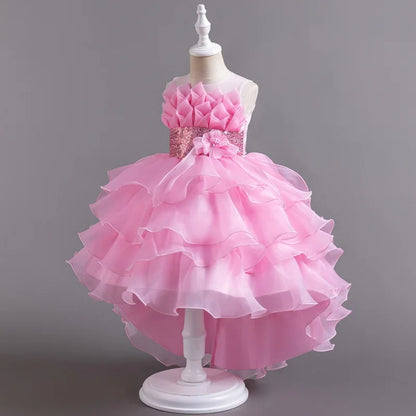Summer Children's Wedding Flower Girl Tail Organza Elegant Evening Dress Bow Cute Birthday Party Girl Princess Dress