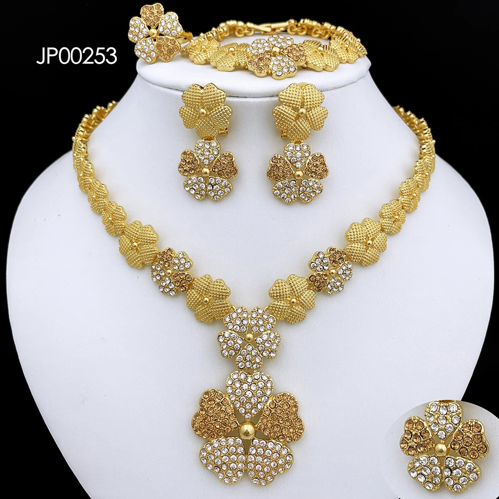 Dubai Nigeria Jewelry Sets For Women Luxury Design Five Petals Flower Pendant Necklace Earring Bracelet And Ring