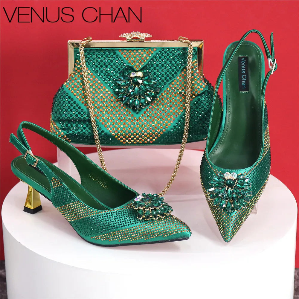 Newest Arrivals Special Design Silver Color African Women Shoes and Bag Set Pointed Toe Pumps for Wedding Party