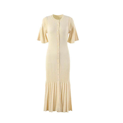 Summer-style fashionable openwork French slimming A-line short-sleeved knitted dress, fishtail long dress for women