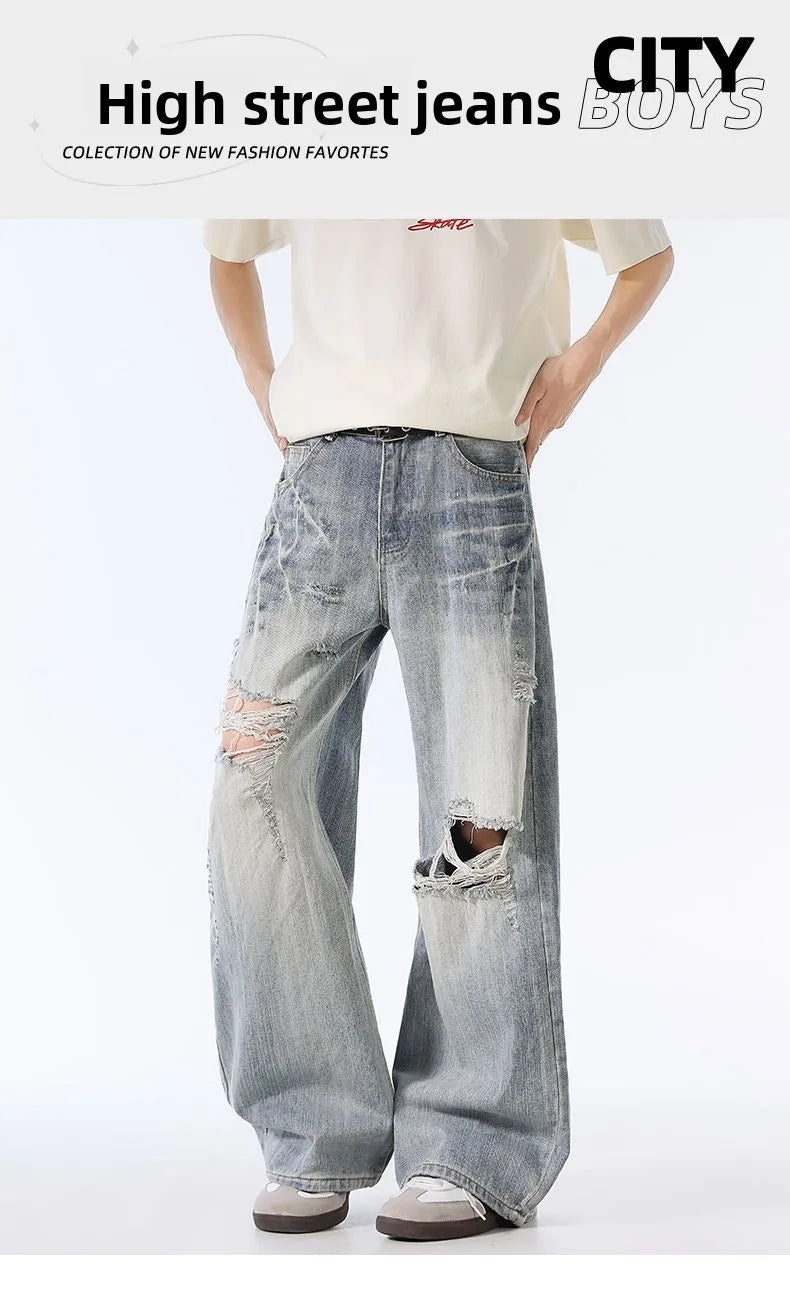 Male Ripped Pants Stretch Solid Blue Casual Men's Wide Leg Trousers Office Work Denim Pants Autumn Korean Vintage Straight Pants