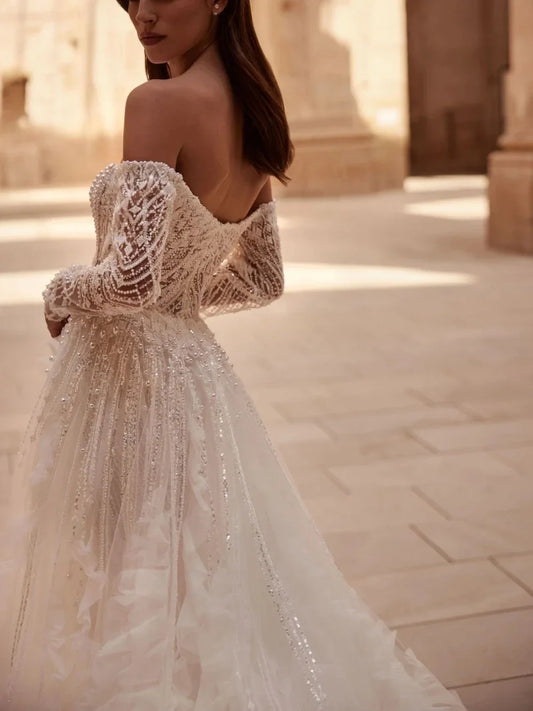 Luxury Pearls Wedding Dress Off Shoulder Bridal Gown Detachable Train Sequins Bride Dresses Backless Customized Vestido de novia