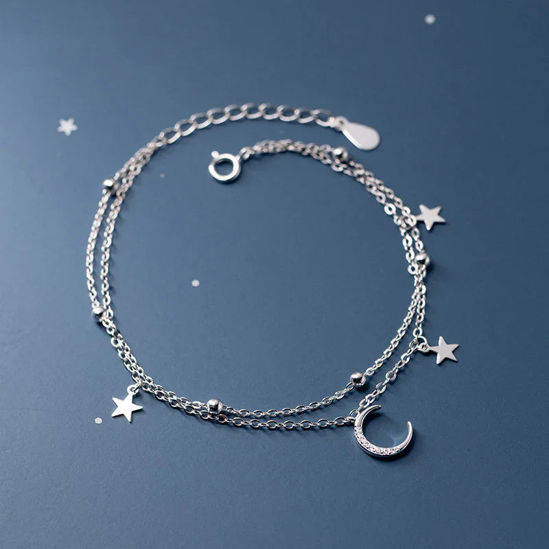Silver Luxury Double Layer Stars Moon Sparkling Bracelet 925 Sterling Silver Chain Adjustable Bracelets For Women Jewelry