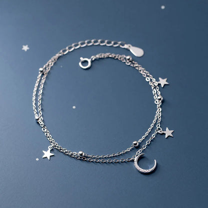 Silver Luxury Double Layer Stars Moon Sparkling Bracelet 925 Sterling Silver Chain Adjustable Bracelets For Women Jewelry