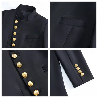 Black 2PCS Boys Formal Suit Set Brand Selection For Kids Aged 3-14 Yrs Elegant Stand Collar Design With Gold Buttons Perfect