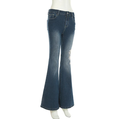 Women Retro Y2k Jeans Baggy Floral Embroidery Jeans Vintage 2000s Low Rise Flared Denim Pants High Street Basic Trousers