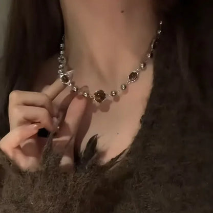 Vintage Leather Brown Stone Pendant Necklace Women's Retro Stacking Choker Temperament Clavicle Chain Hip Hop Jewelry Accessory