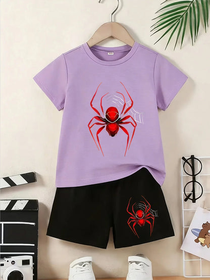 Children's Summer Set - Short-Sleeved Shorts Spider Print T-Shirt. Perfect Daily Wear Versatile Occasions. Ideal Birthday Gift