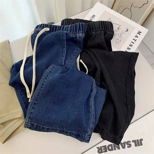 Trendy Straight Leg Jeans Women's Casual Loose Fit Slimming Summer Hot Sale Of The Season New Style Elastic Waist Student Fashio
