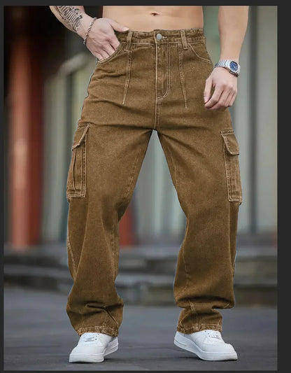 Men's Deep Blue Washed Denim Workwear Jeans Casual Multiple Pockets Design Loose Wide Leg Trousers Y2K Style Cargo Pants