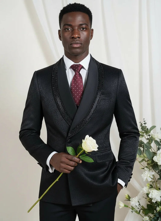 Luxury and fashionable men's suit Rhinestone Collar Shawl Lapel black Wedding Suit 2 Piece Set Groom Tuxedo Banquet party outfit