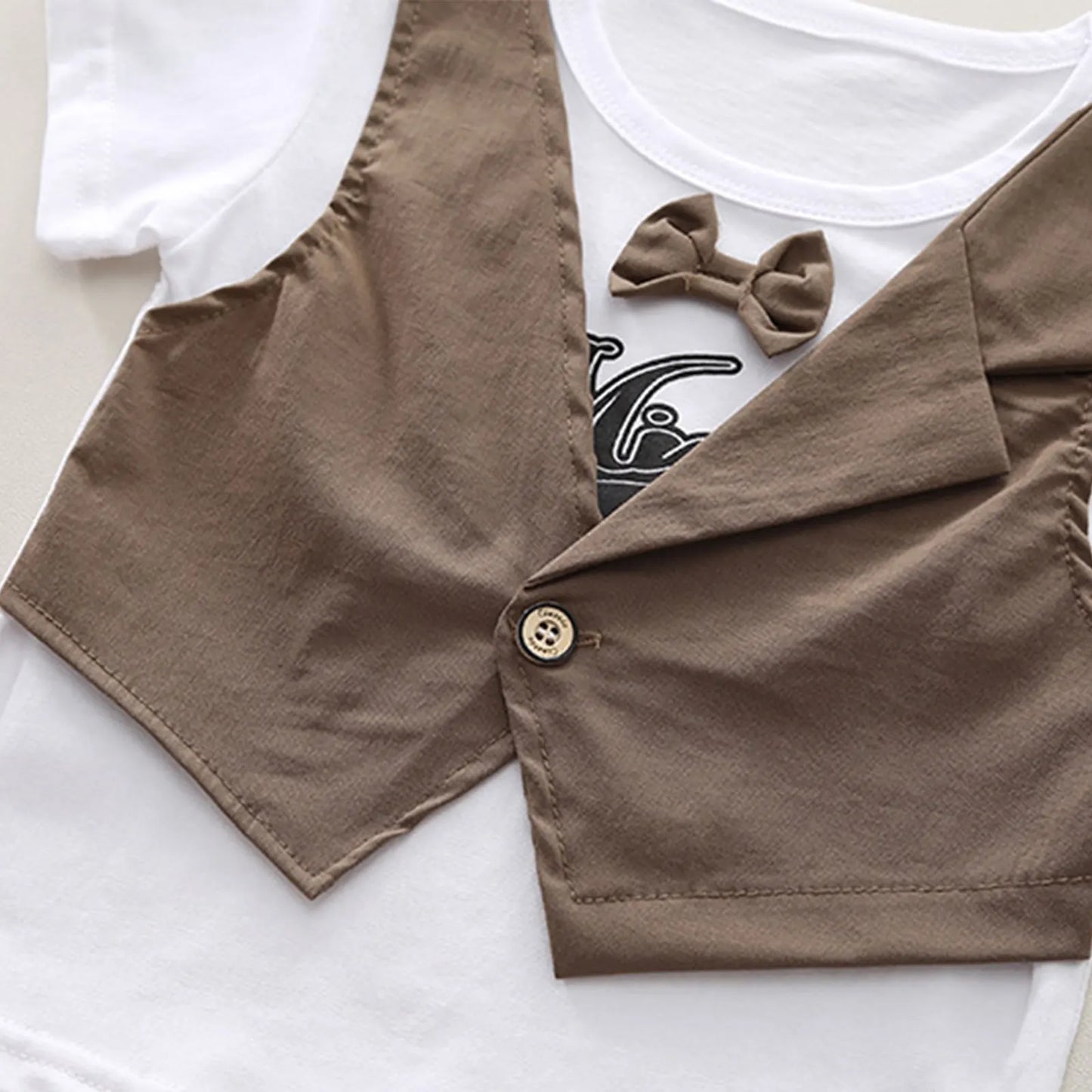 2Pcs Baby Boys Party Gentleman Outfit Short Sleeve Bowknot 2 in 1 T-shirt with Fake Waistcoat And Shorts Set Kids Summer Clothes