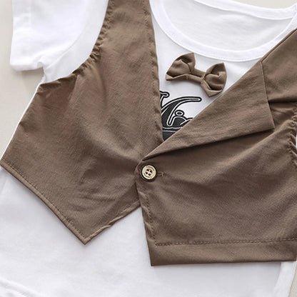 2Pcs Baby Boys Party Gentleman Outfit Short Sleeve Bowknot 2 in 1 T-shirt with Fake Waistcoat And Shorts Set Kids Summer Clothes