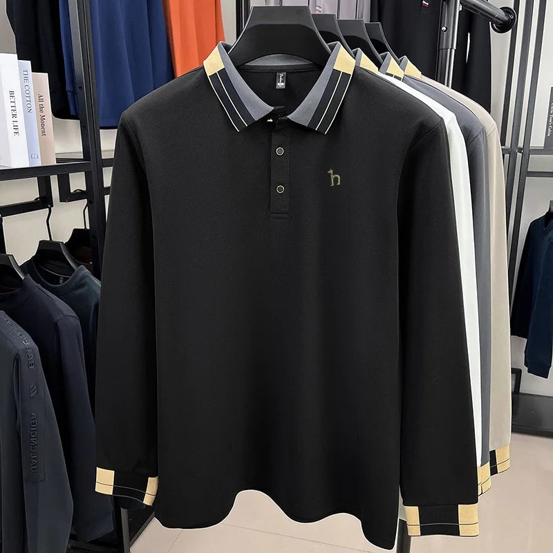 Original Design Men's Lapel Polo Shirt Autumn New Solid Color Print Long Sleeve T-Shirt High-End Business Leisure Men's Clothing