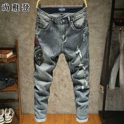 Spring and Autumn fashion trend printed straight-leg stretch denim jeans for men comfortable casual sports high-quality jeans