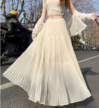 Women's High Waist Pleated Maxi Skirt, Casual A-Line Flowy Tiered Long Skirt, Elegant Beach Vacation Skirts for Ladies