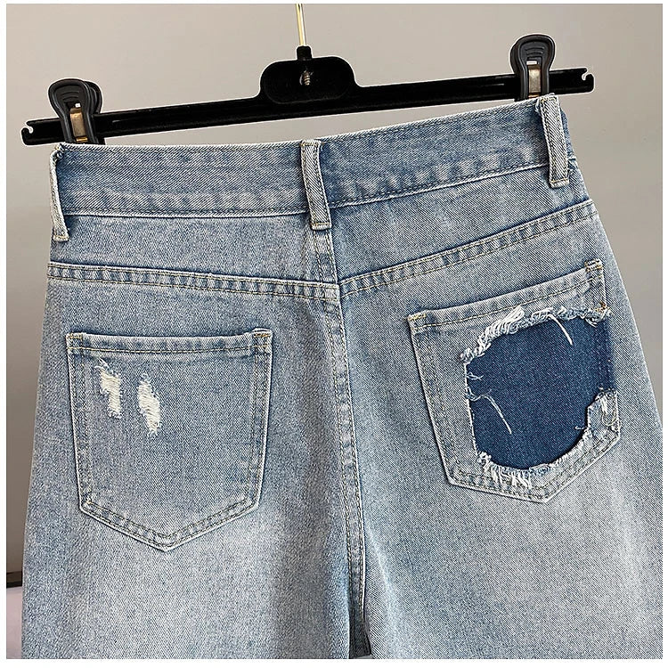 Colorful Diamond Studded Nail Bead Ripped Jeans Blue High Waisted Loose Shorts Shiny Fashionable Versatile Casual Trousers