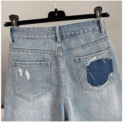Colorful Diamond Studded Nail Bead Ripped Jeans Blue High Waisted Loose Shorts Shiny Fashionable Versatile Casual Trousers