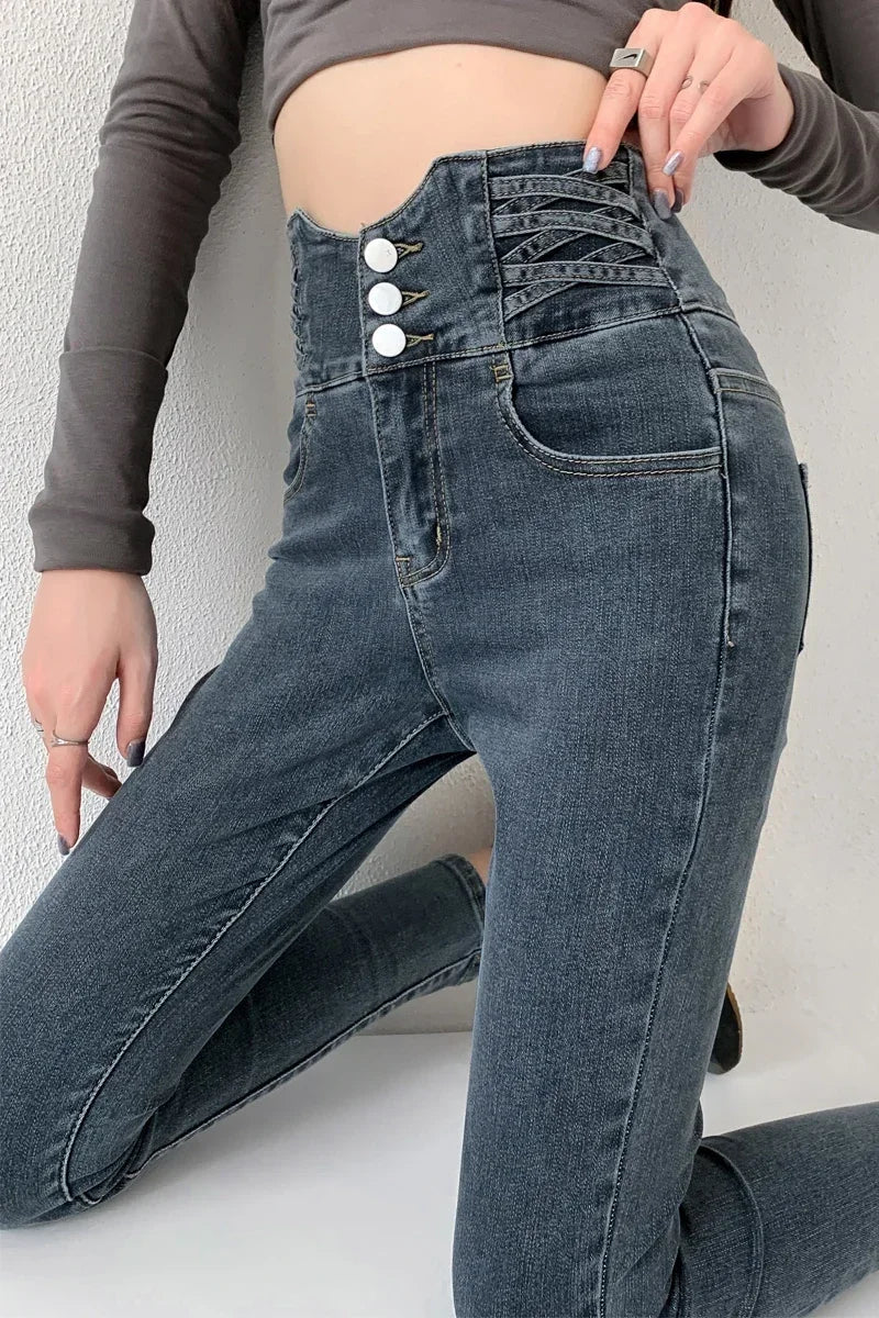 Y2K Jeans Four Buttons Vintage High Waist Women Slim Stretch Denim Pants