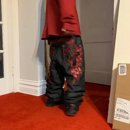 American Retro Y2K High Street Gothic Embroidered Men Black Red Pattern High Waist Jeans Street Couple Casual Pants