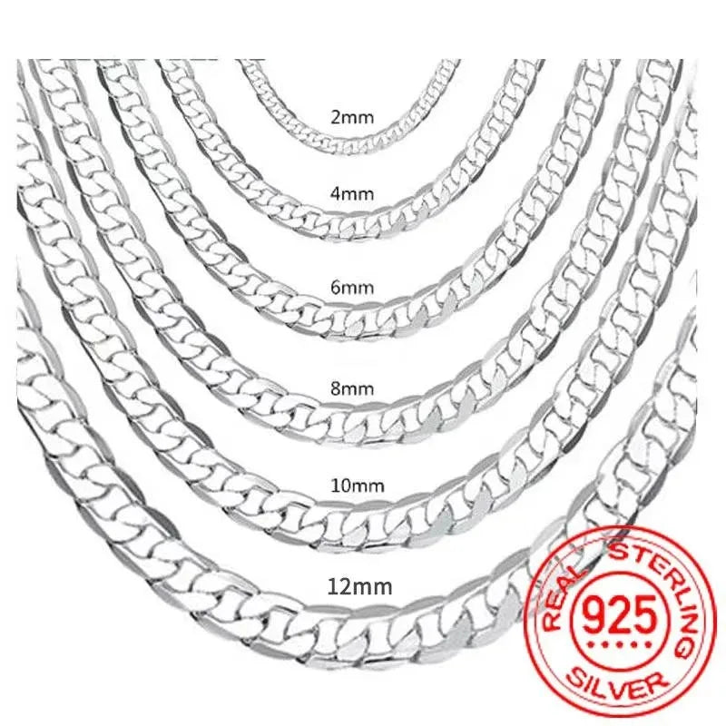925 Sterling Silver Necklace 2-12mm Width 40-75cm Long Chain Lobster Clasp Men and Women Engagement Jewelry